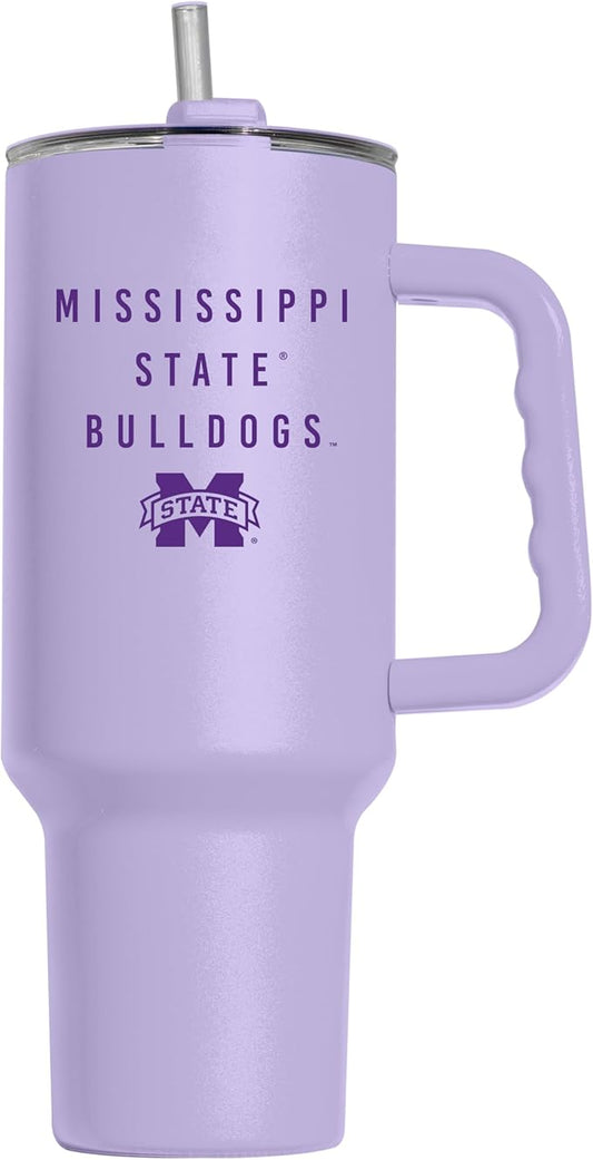 Logo Brands NCAA Mississippi State Bulldogs Lavender 40 oz Tumbler with Handle - Stylish Everyday Use Powder Coated-Stainless Steel with Straw- Keeps Cold For Hours