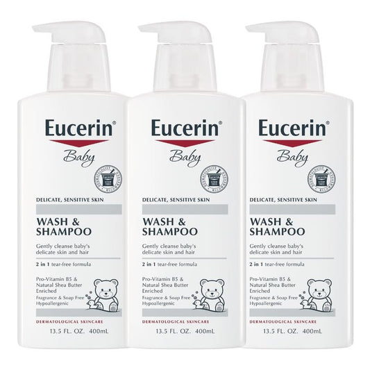 Eucerin Baby Unscented Baby Shampoo and Body Wash, Hypoallergenic, Tear Free Shampoo and Wash with Pro-Vitamin B5 and Shea Butter, 13.5 Fl Oz Bottle 3 pack
