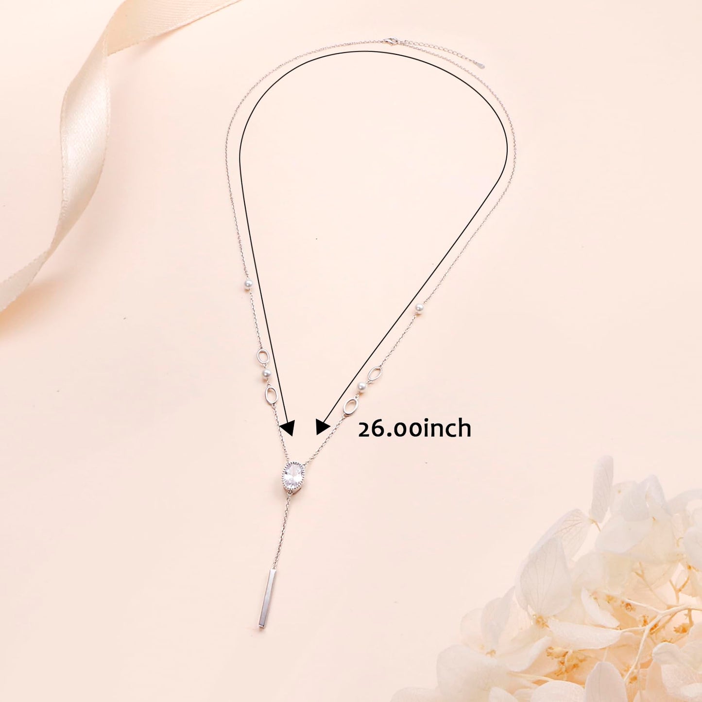 Oval Bar Bead Long Chain Sweater Necklace for Women S925 Sterling Silver Long Chain Oval Cubic Zirconia Synthetic Pearl Beads Large Pendant Sweater Y-Necklace for Women 26+2 inches