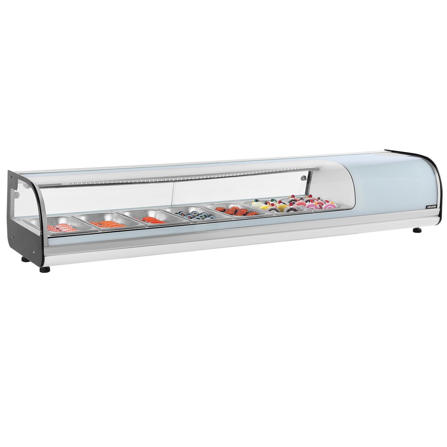 VEVOR Sushi Display Case Refrigerator, 2.5 Cu.ft Commercial Sushi Case, 7-Pan Countertop Showcase with Curved Glass, LED Lighting, and Digital Temperature Control, for Sushi-Bar, Restaurant, Store