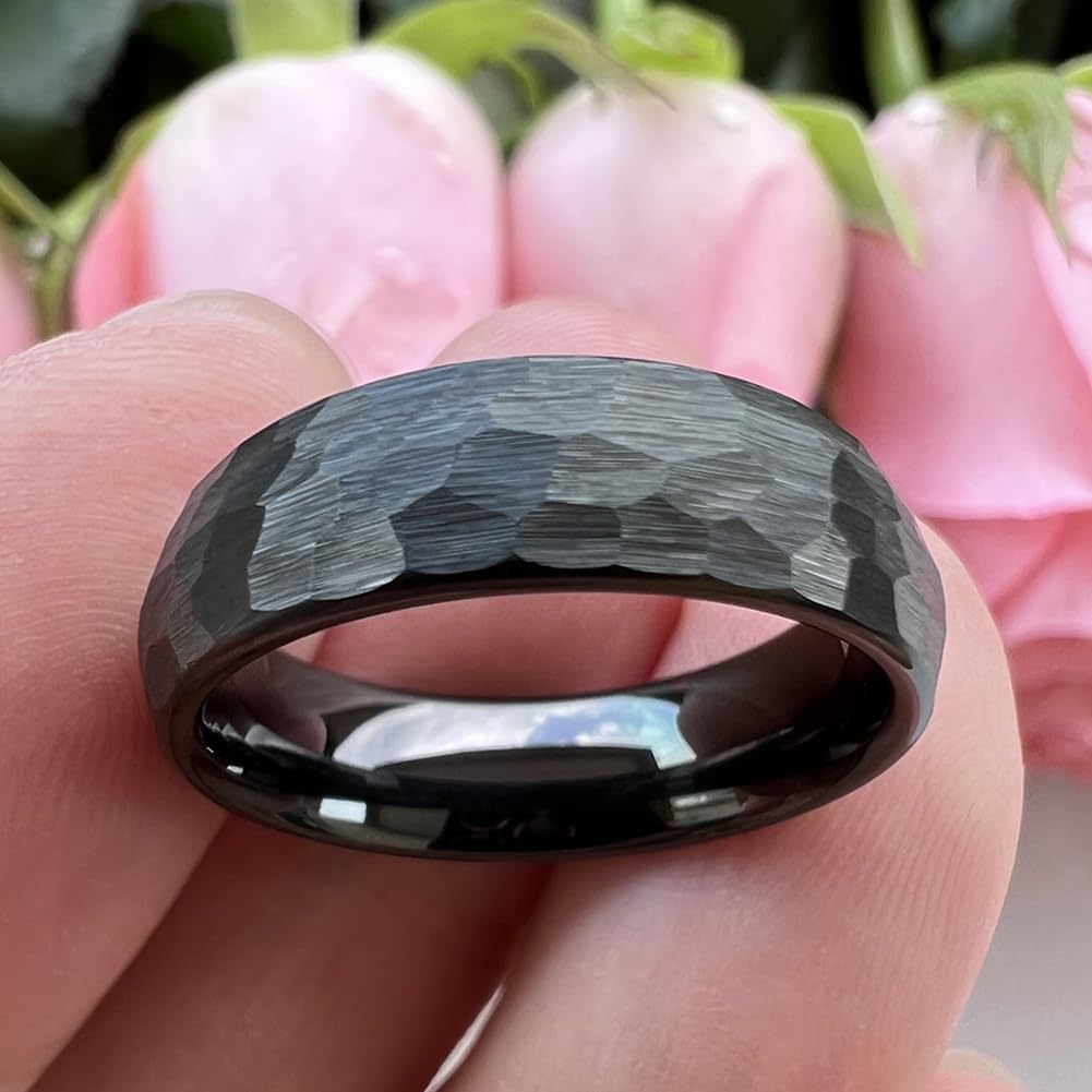 TUTISS 6mm Black Hammered Tungsten Carbide Rings for Men Women Engagement Wedding Bands Domed I Love You Engraved Comfort Fit Size 6