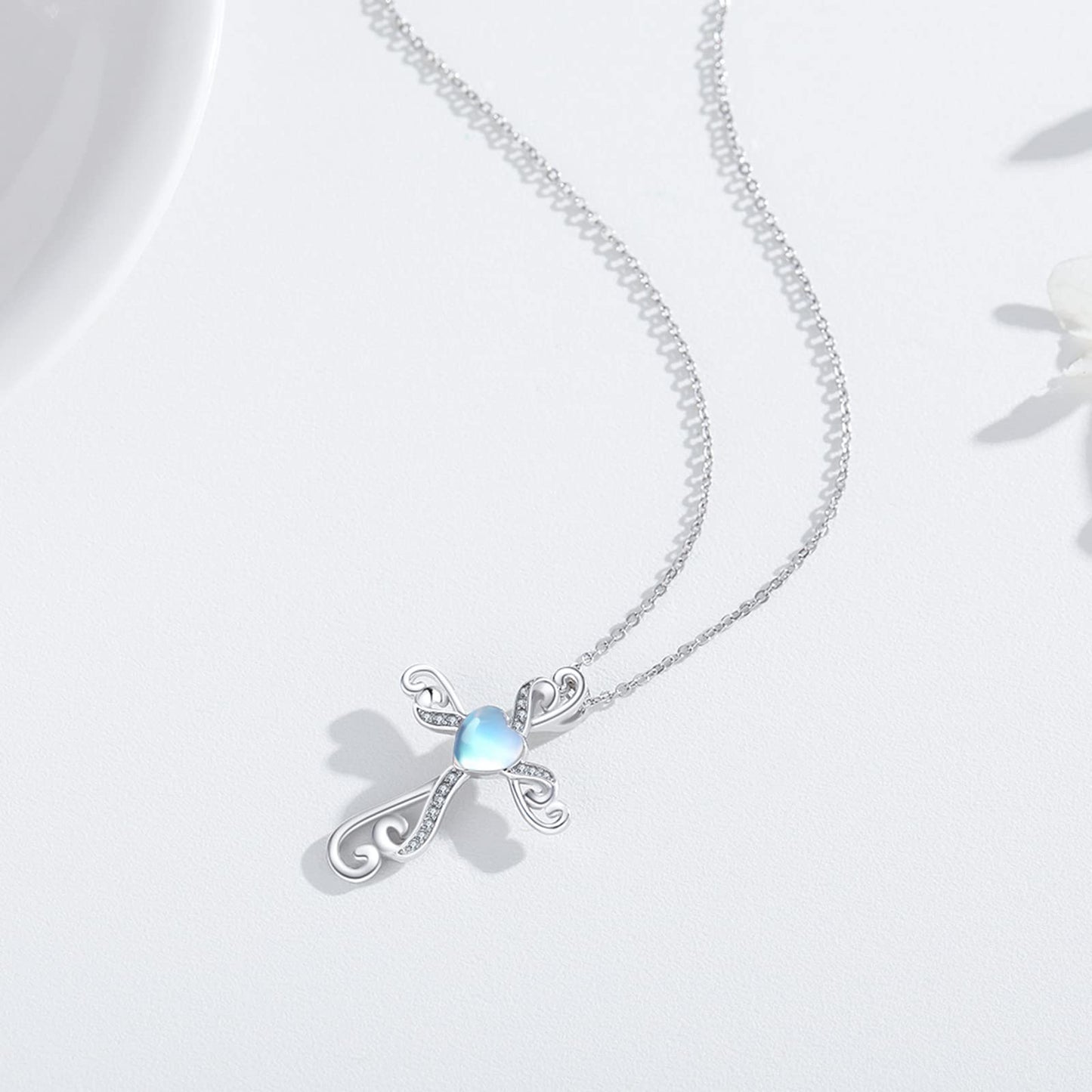 Twoowl Cross Necklace 925 Sterling Silver Moonstone Cross Pendant Necklace Religious Necklace Jewelry Gifts Christmas Birthday for Women Mom