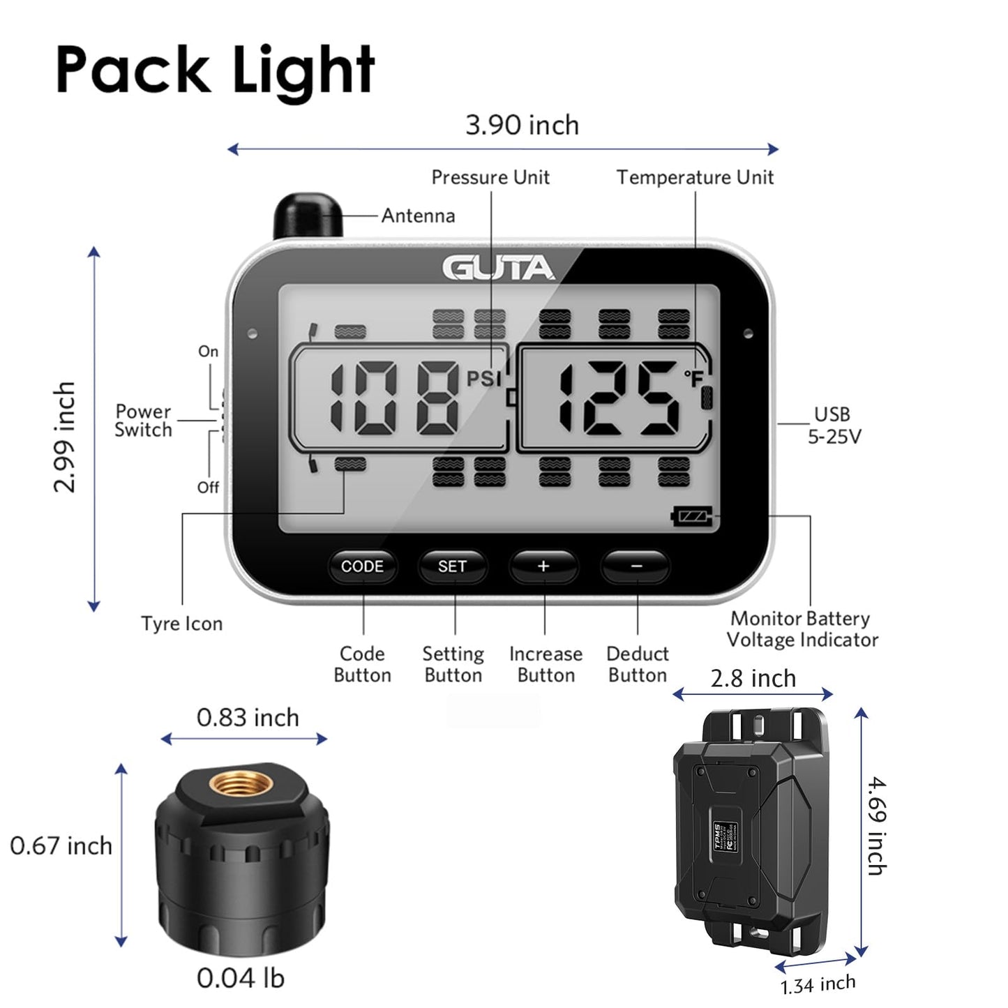 GUTA RV Tire Pressure Monitoring System, RV TPMS, 12 Sensors, 7 Alarm Modes, 14 Days Battery Life, 80ft Sensing Distance, Large Screen, for RV, Trailer, Coach, Motor Home, Fifth Wheel, (0-188psi)