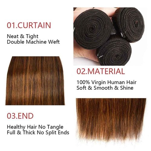 Giginger Brazilian Human Hair Bundles 24 26 28 Inch Straight Wave Bundles Human Hair Brazilian Chocolate Brown Highlight P4/30 Brazilian Unprocessed Virgin Quick Weave Hair for Black Women