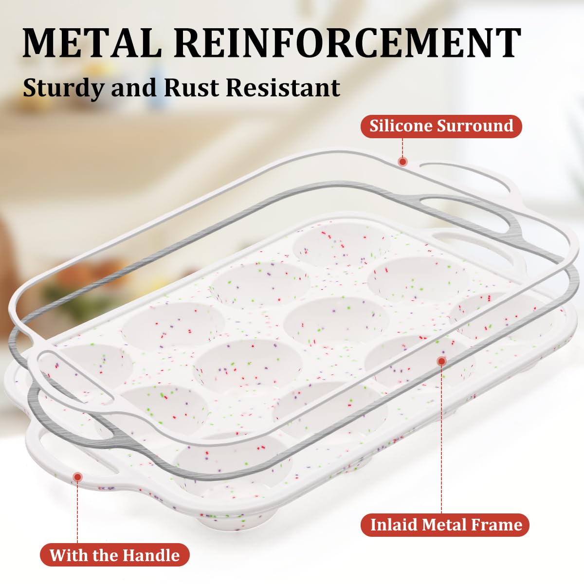 CAKETIME Silicone Muffin Pan with Metal Frame, Metal Reinforced Frame Regular Size Cupcake Pan with Handle 12 Cups Nonstick Muffin Pan for Baking BPA Free 2 Pack