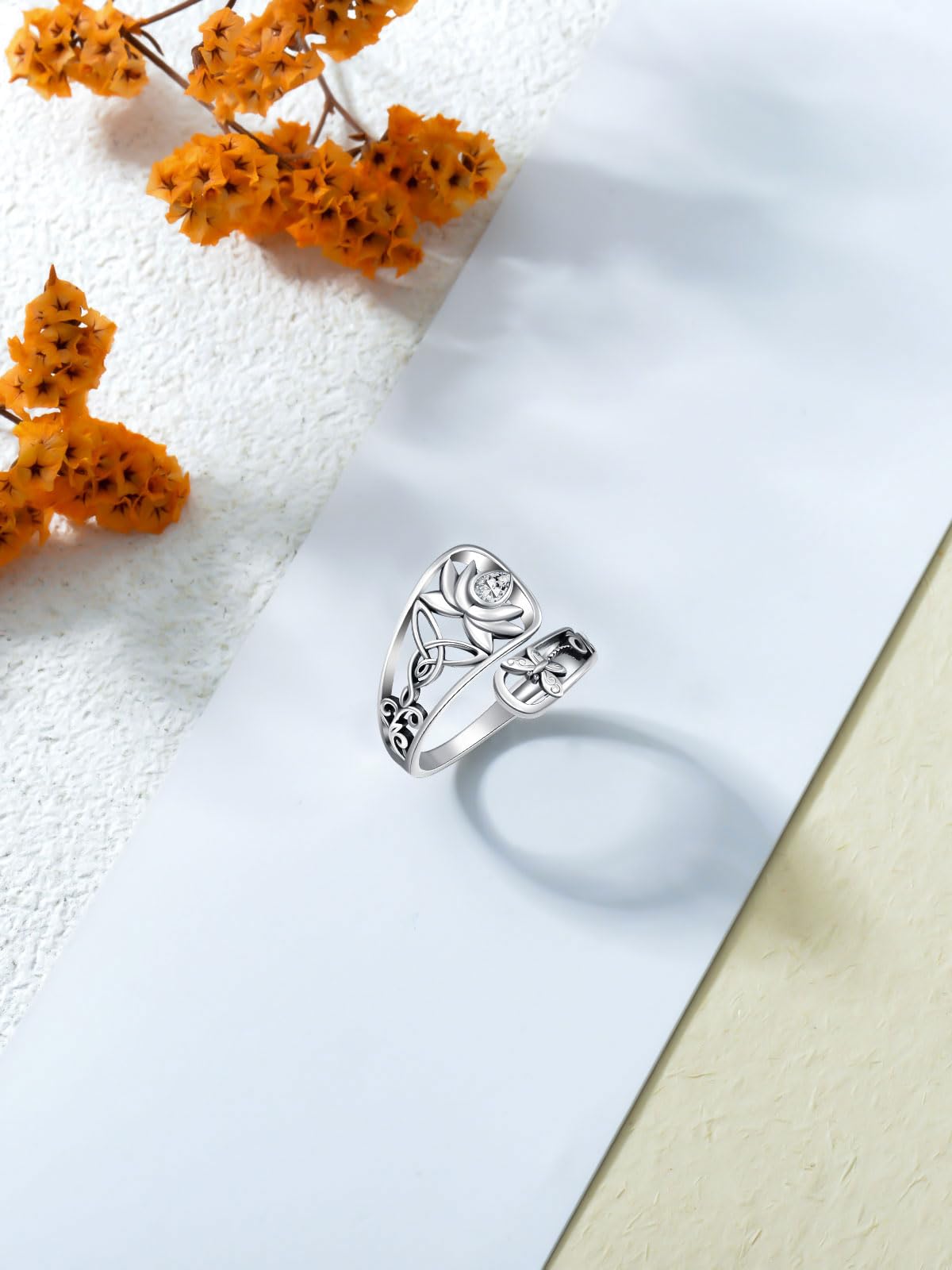 Midari Lotus Spoon Rings for Women 925 Sterling Silver Adjustable Open Lotus Flower Finger Ring Thumb Rings Just Breathe Ring White Lotus Jewelry for Women Yoga Lovers Birthday Christmas Gifts