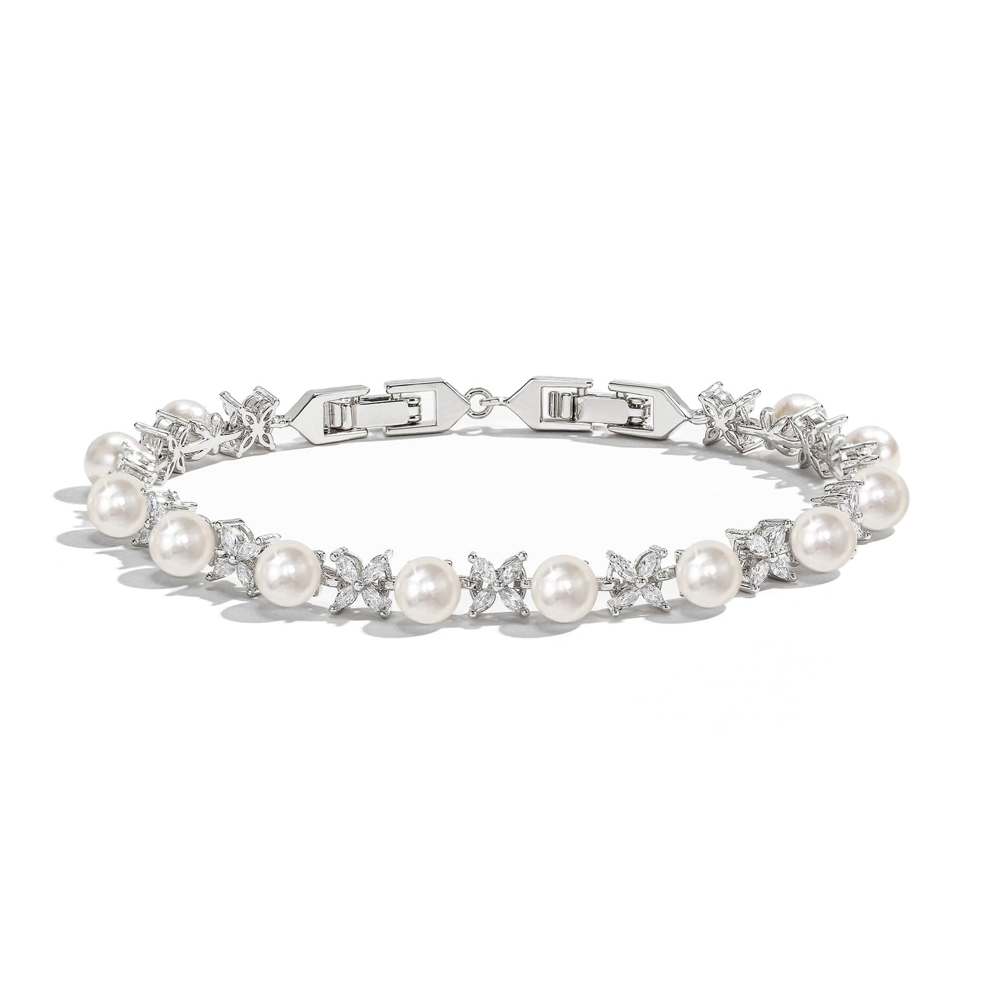 EVER FAITH Wedding Jewelry for Bride White Marquise Cubic Zirconia Cream Faux Pearl Floral Bridal Prom Tennis Bracelet for Women Clear Silver-Plated-Brass