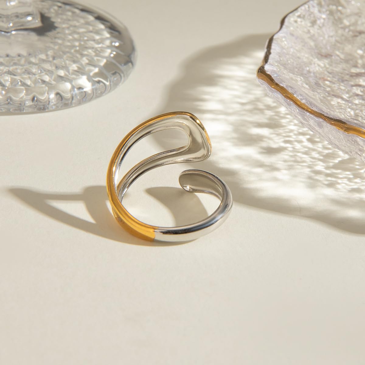 AIETUE Chunky Rings For Women, Gold Silver Thumb Ring Asymmetrical Wavy Curve Ring Adjustable Non Tarnish Dainty Stainless Steel New Year Anniversary Birthday Jewelry Gift (Zesty-Mixed)