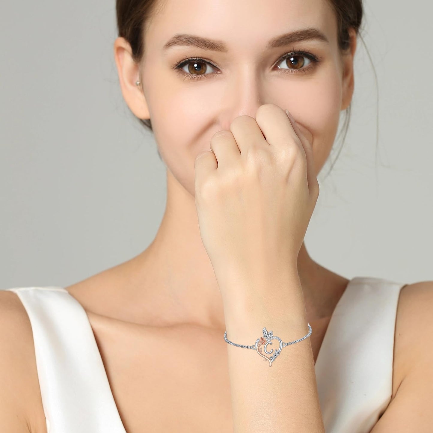 TOUPOP Rose Heart Bracelet for Women Sterling Silver Heart Initial C Letter Bracelet Butterfly Love Jewelry Anniversary Birthday Mothers Day Gifts for Mom Wife Her Girlfriend