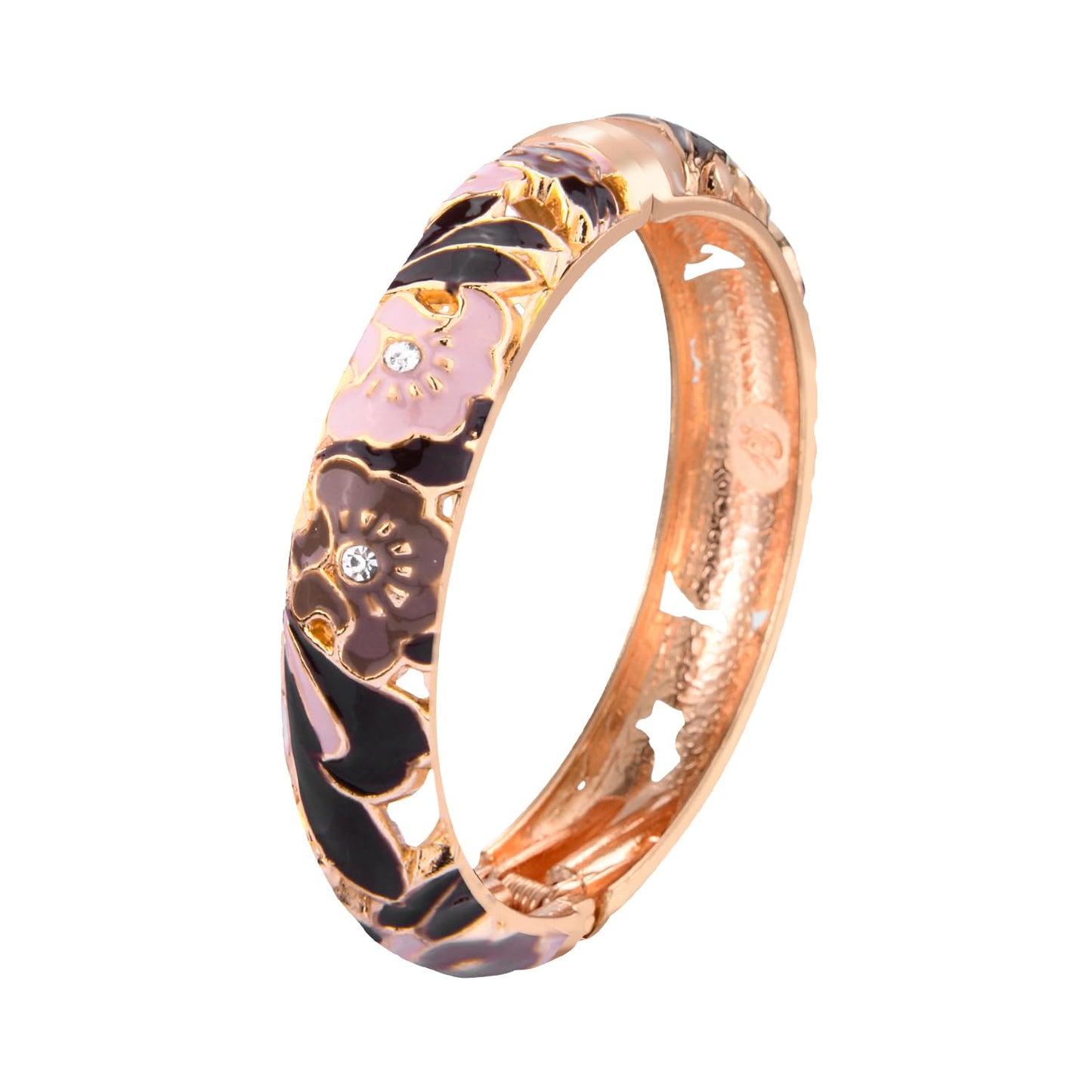 UJOY Enamel Bracelets Pack of 5 Colorful Cloisonne Rose Gold Flower Engraved Bangles for Women Jewelry Gift Pack in a Box 5PCS-88A Brown