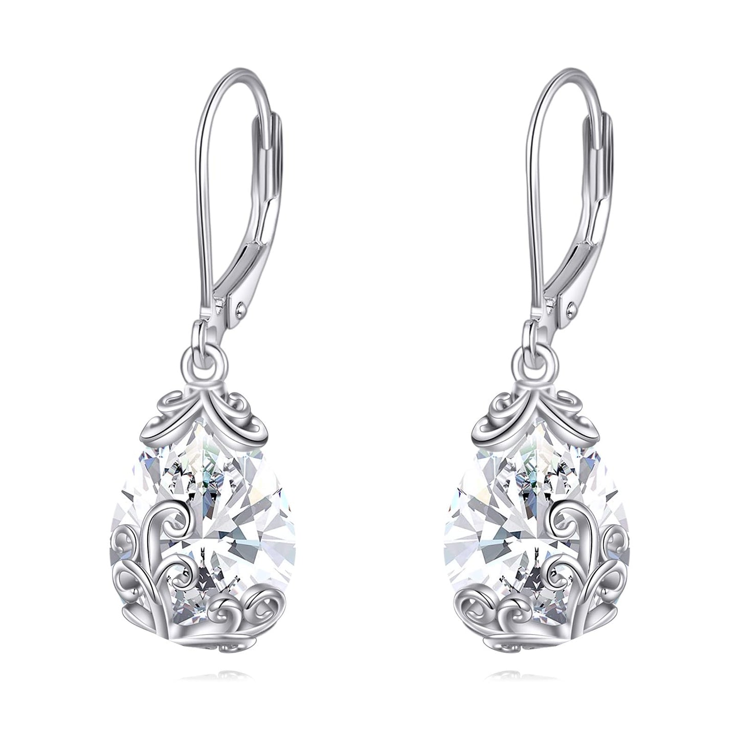 POPLYKE BirthStone Filigree Teardrop Drop Earrings Sterling Silver Diamond Leverback Earrings April Birthstone Dangle Jewelry Gifts for Women