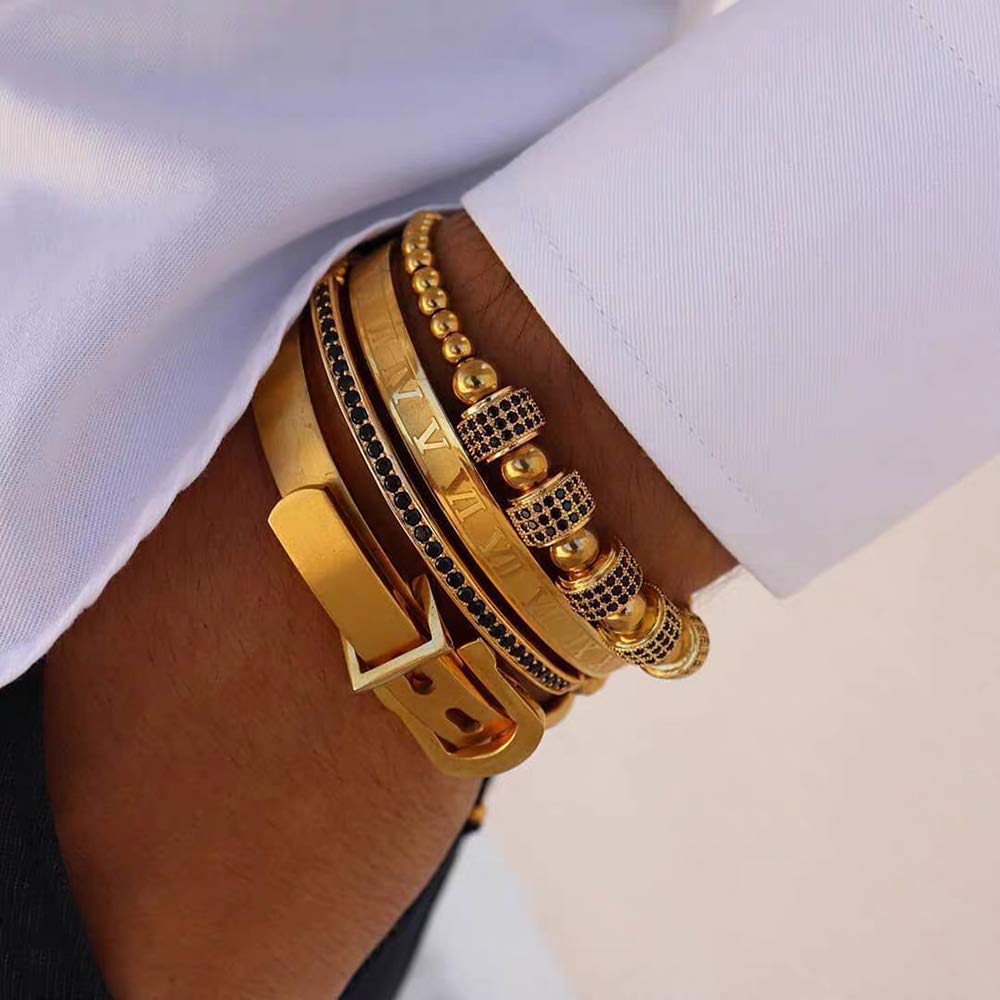 Jarlinwel Gold Silver Plated Bracelets for Men Women Roman Numeral Bangle Bracelet Stainless Steel Personalized Engraved Unisex Gift (Gold 6mm Womens)