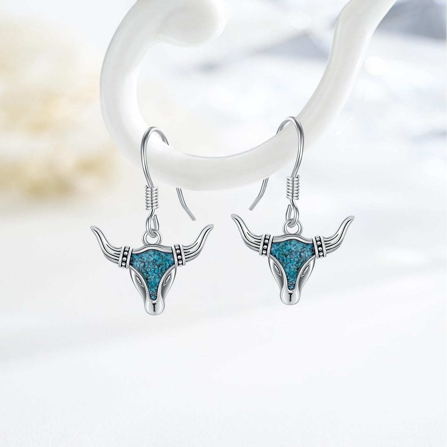 KoyeKei Western Cow Earrings for Cowgirl Cowboy 925 Sterling Silver Turquoise Texas Longhorn Cow Skull Dangle Drop Earrings Western Longhorn Country Jewelry Christmas Graduation Gifts for Mom Women