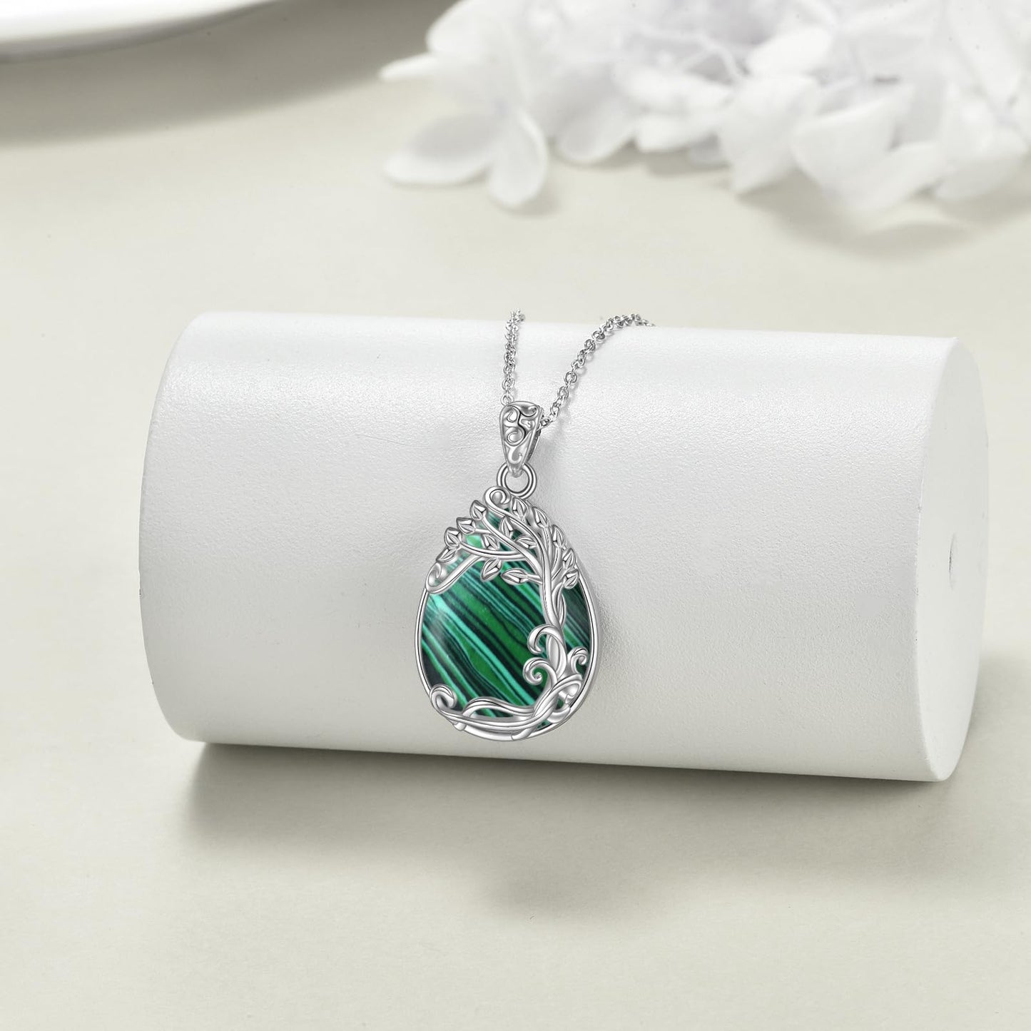 YAFEINI Malachite Necklace for Women 925 Sterling Silver Tree of Life Teardrop Pendant Necklace Jewelry Gift (RR-Tree of Life Malachite Necklace)