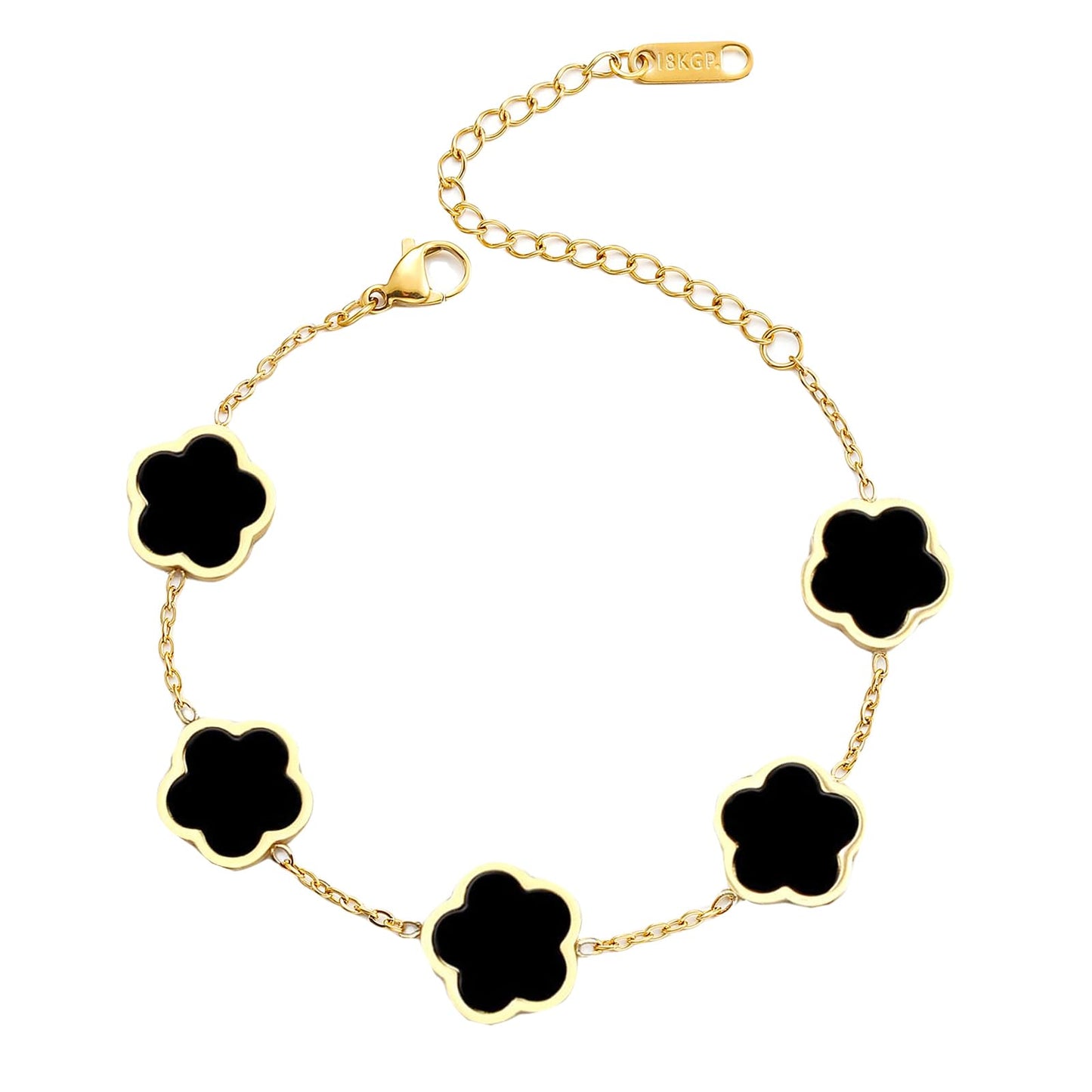 Eclatienne Four Leaf Clover Bracelet for Women – 18K Gold Plated Stainless Steel Lucky Bracelet, Adjustable 4 Leaf Charm Jewelry Gift (Black Floral)