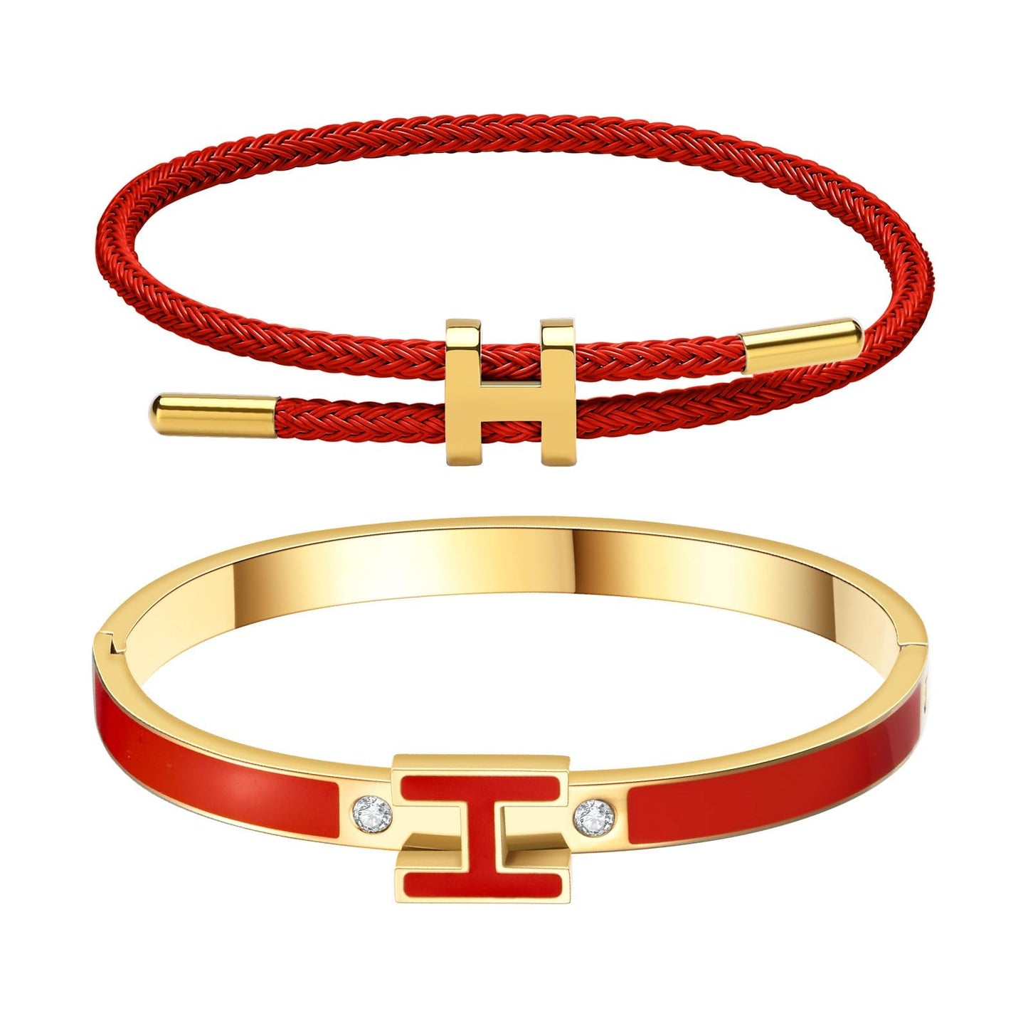 Hothink H Bracelets for Women,H Bangle and H Wire Rope Bracelet Set,Dainty 18K Gold Plated Bracelets Set for Christmas Mothers Day Gifts for Women (Gold-Red)