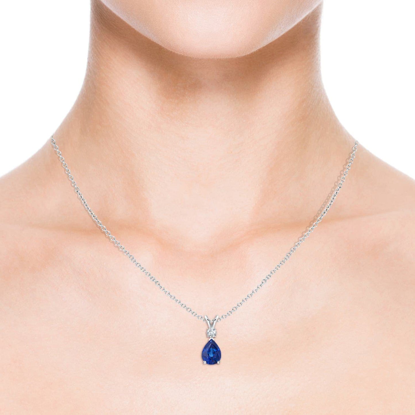 Angara Natural Blue Sapphire Solitaire Pendant for Women | Prong-Set Blue Sapphire Teardrop V-Bale Pendant with Diamond in Platinum | September Birthday, Gemstone Jewelry Gift | AAA | 6x4mm