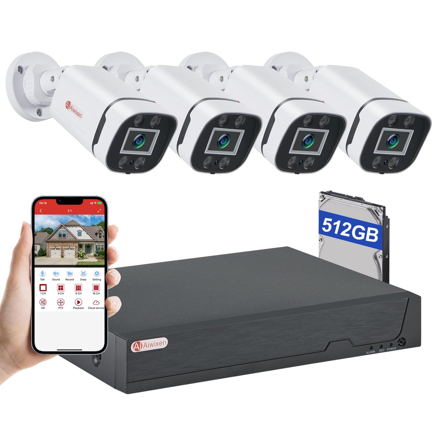 AIWIXEN 8CH H.265+ 3K Lite Wired CCTV Security Camera System with Human Vehicle Detection, 4X IP68 5MP Surveillance Camera for Indoor Outdoor, 512GB Hard Drive for 24-7 Recording, Remote Access