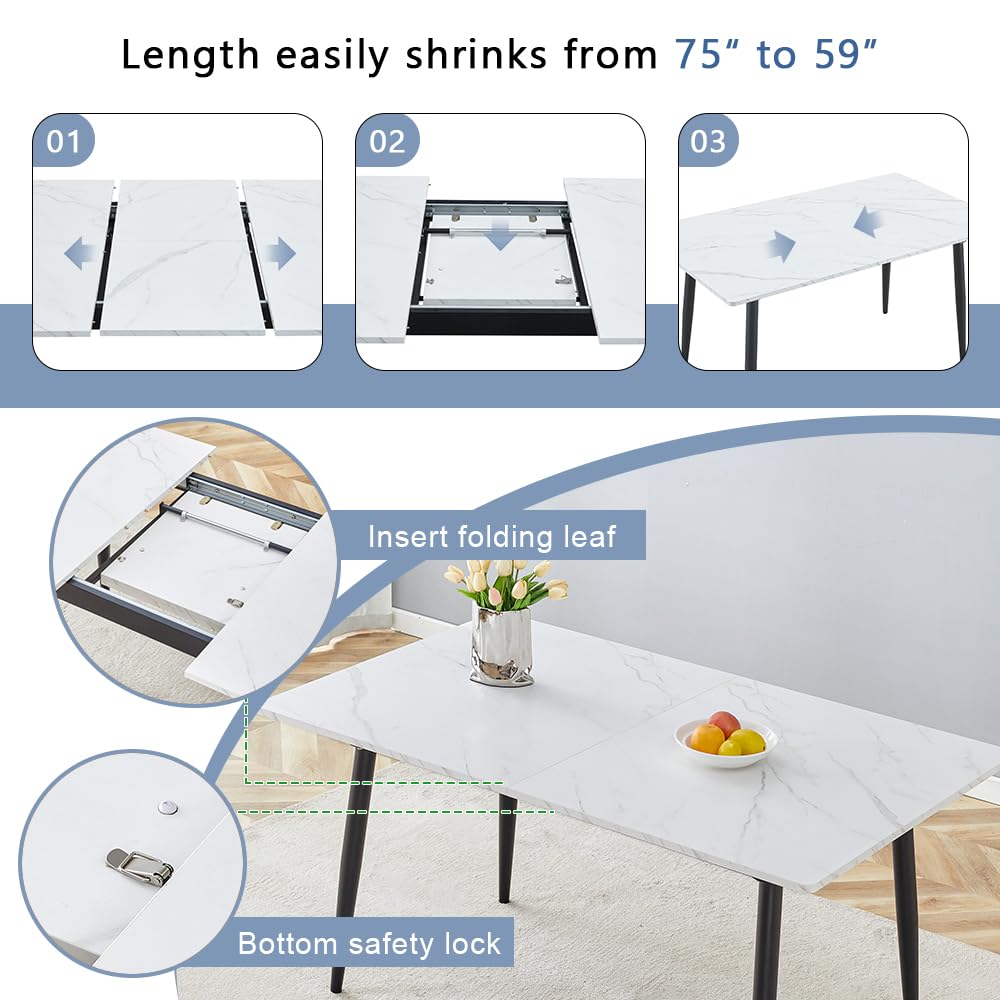 FURNITO 7 Piece Dining Table Set, 59"-75" Extendable Dining Room Table Set with 6 Upholstered Chairs, White Kitchen Table Chairs Set for Living Room, Apartment, Easy to Assemble