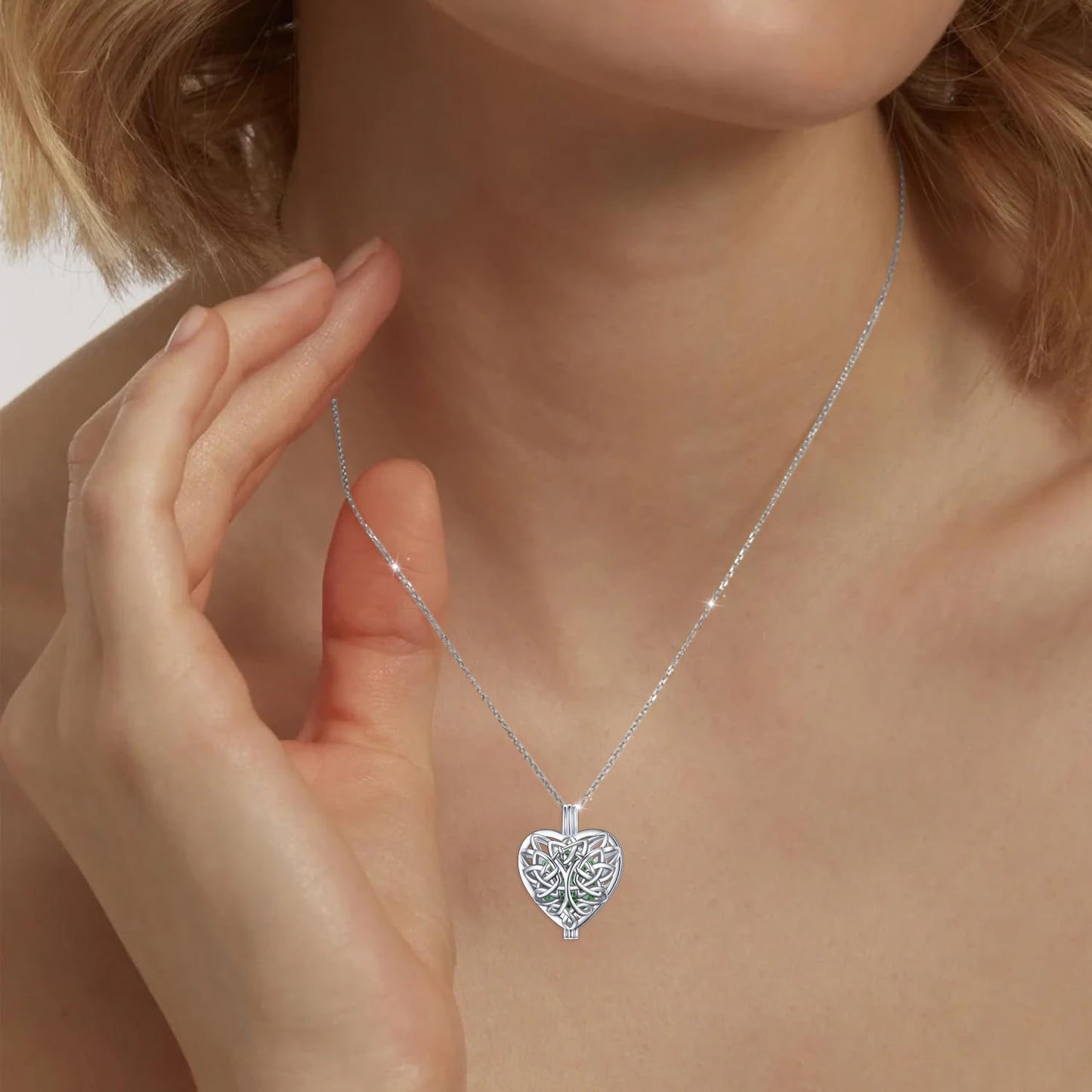S925 Sterling Silver Aromatherapy Essential Oil Diffuser Necklace Love Heart Celtic Knot Tree of Life Locket Perfume Pendant Necklace Jewelry 18+2 inches Adjustable Chain with 10 PCS Stones