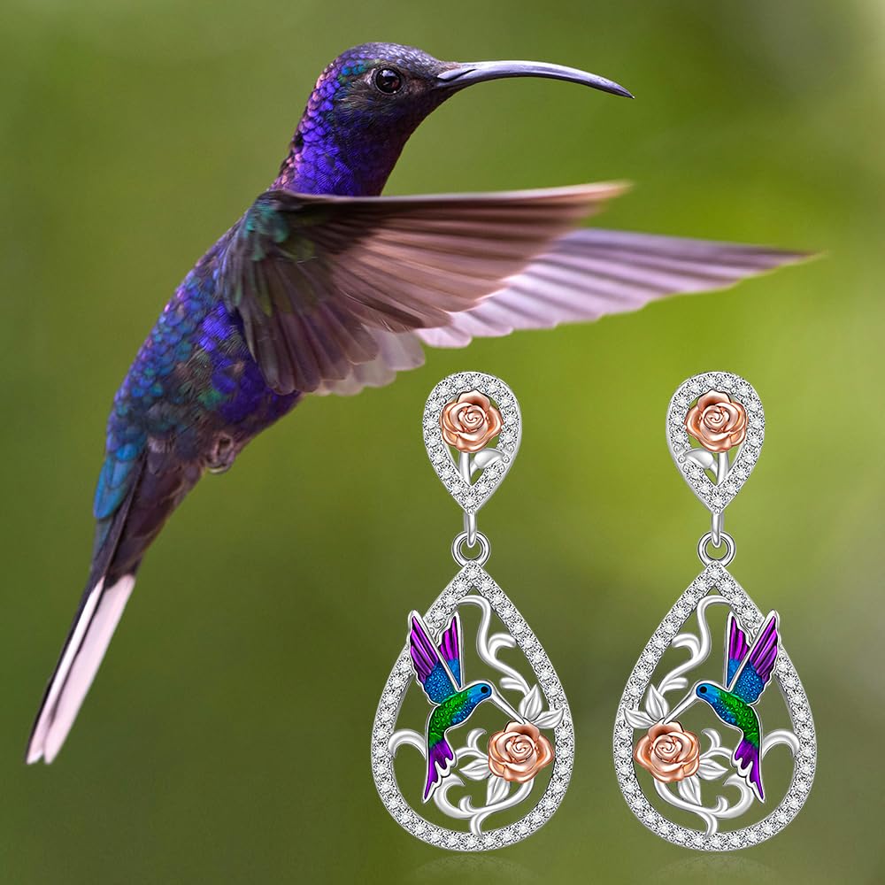 Hummingbird Earrings for Women 925 Sterling Silver Rose Dangle Drops for Women Cubic Zirconia Bird and Rose Design Dangle Drop Earrings Gifts for Lovers