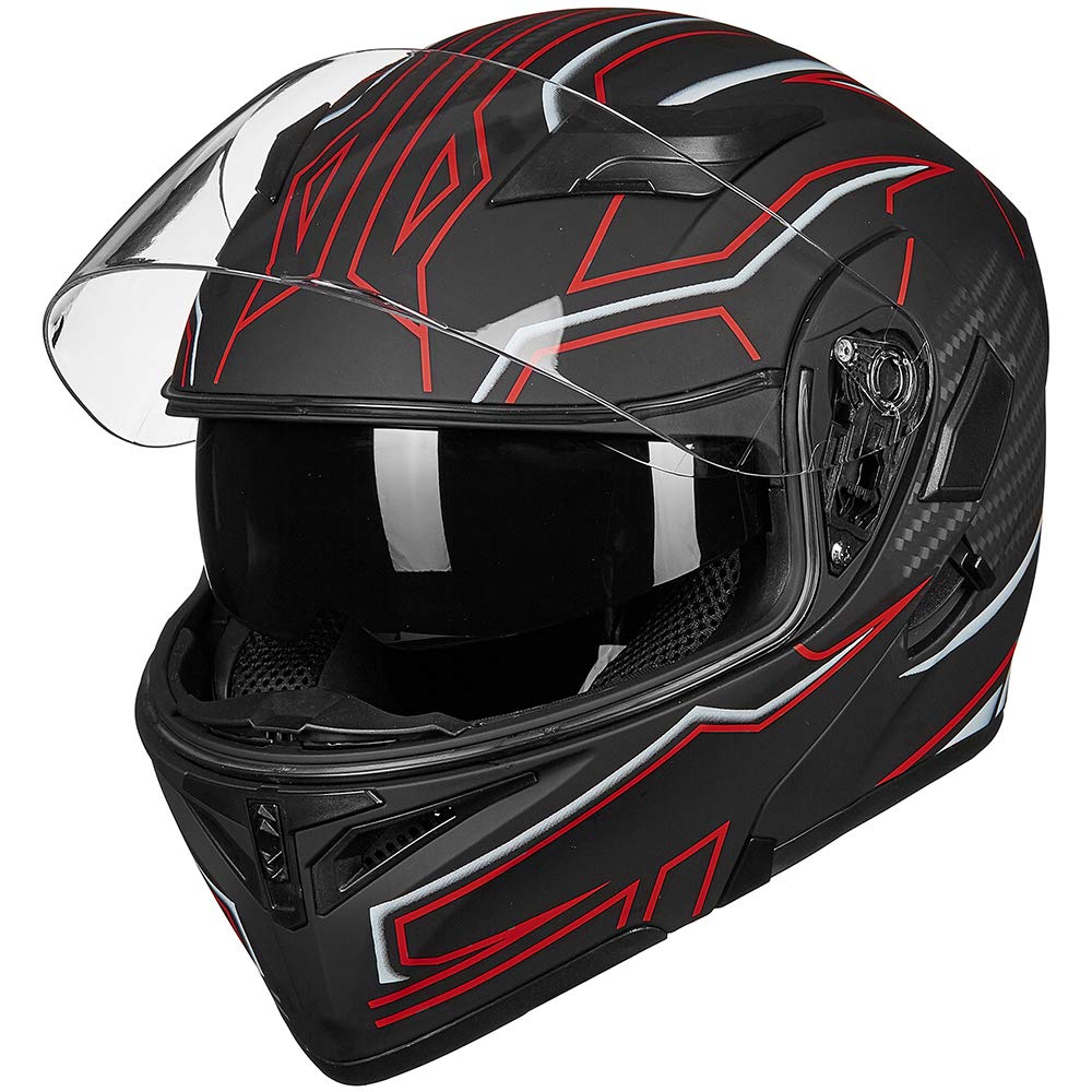 ILM Motorcycle Dual Visor Flip up Modular Full Face Helmet DOT LED Light Model 902L (L, Black RED - LED)