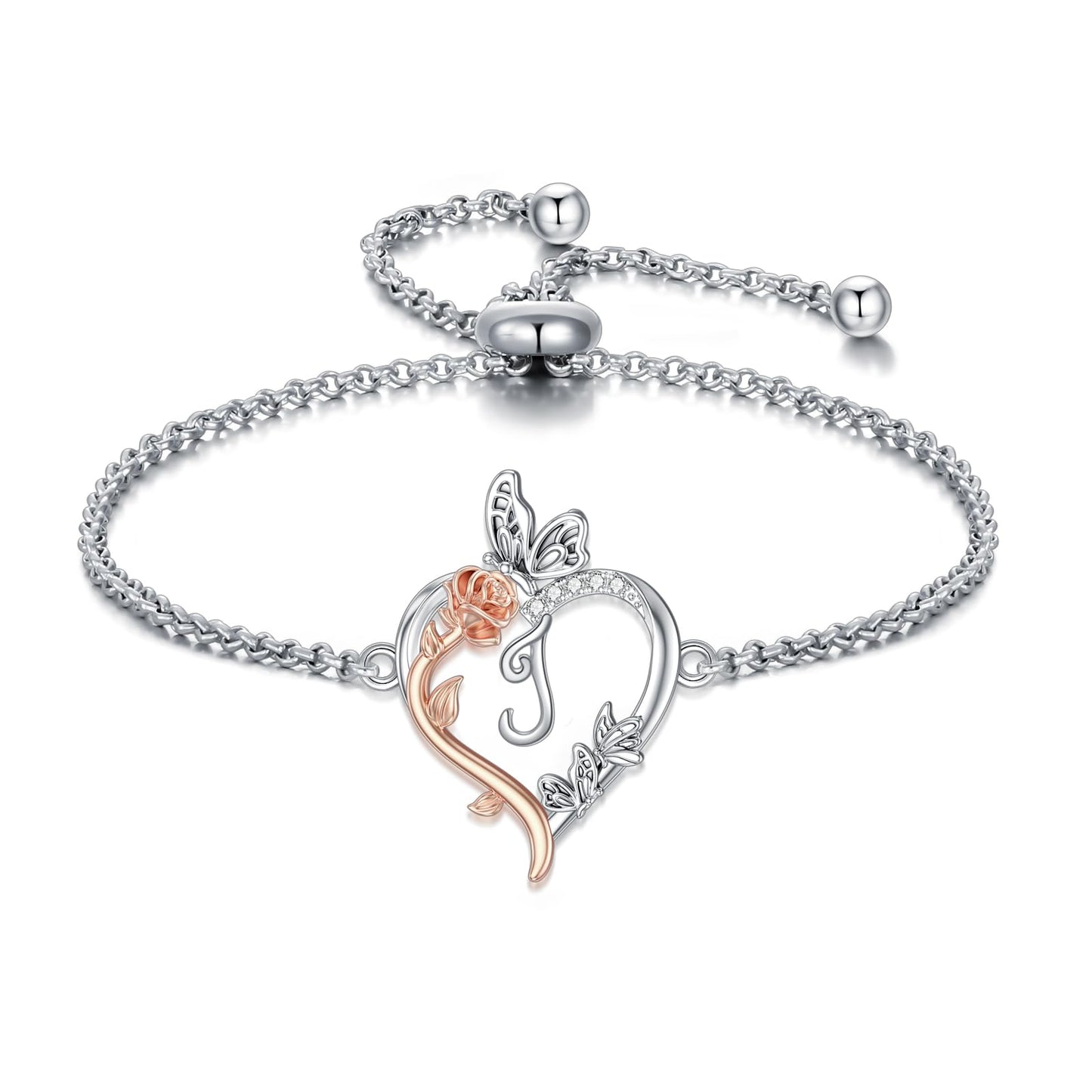 TOUPOP Rose Heart Bracelet for Women Sterling Silver Heart Initial J Letter Bracelet Butterfly Love Jewelry Anniversary Birthday Mothers Day Gifts for Mom Wife Her Girlfriend