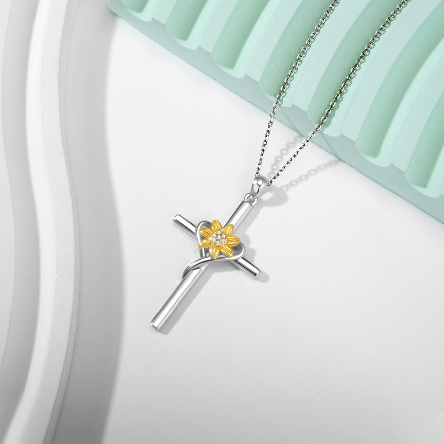 Eetaitai Sunflower Necklace for Women Sterling Silver Cross Necklace Sunflower Jewelry Religious Necklace for Women Mothers Day Gifts for Mom Wife Sister