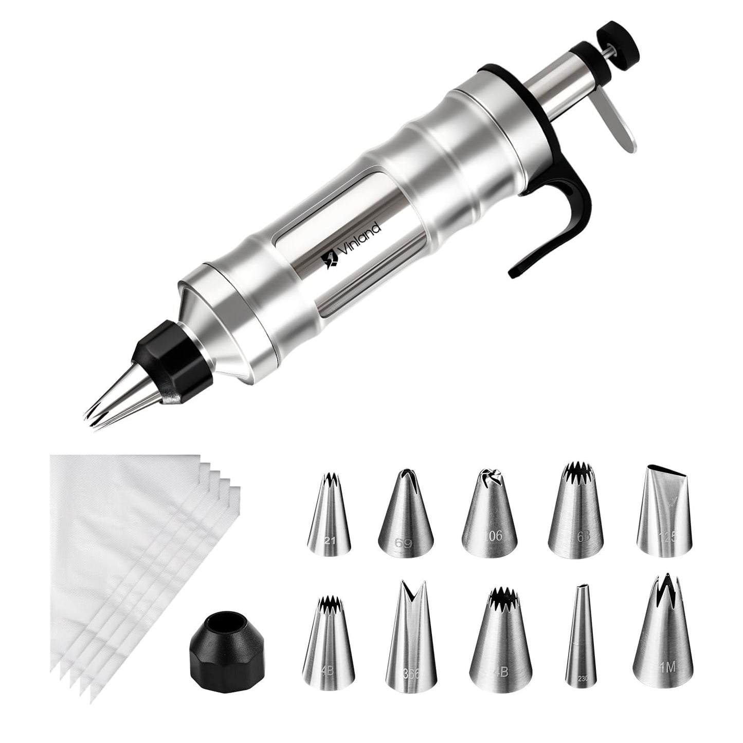 Dessert Decorating Syringe Set Icing Piping Kit Frosting Piping Kit Stainless Steels Cake Decorating Kit with 10 food grade stainless steel piping tips & 50 Disposable Piping Bags Black