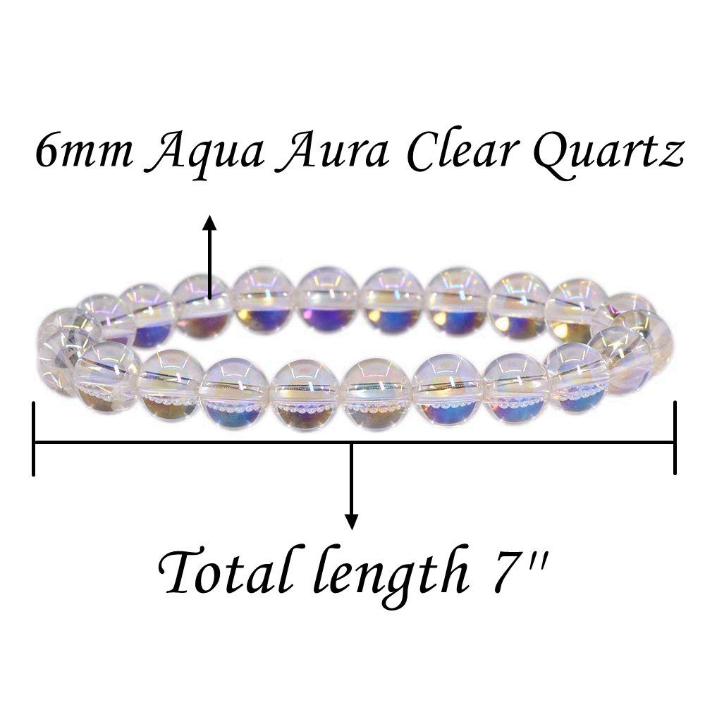 Angelstones Handmade Natural Aqua Aura Clear Quartz Healing Gemstone 6mm Round Beads Stretch Crystal Bracelet 7 Inch Unisex