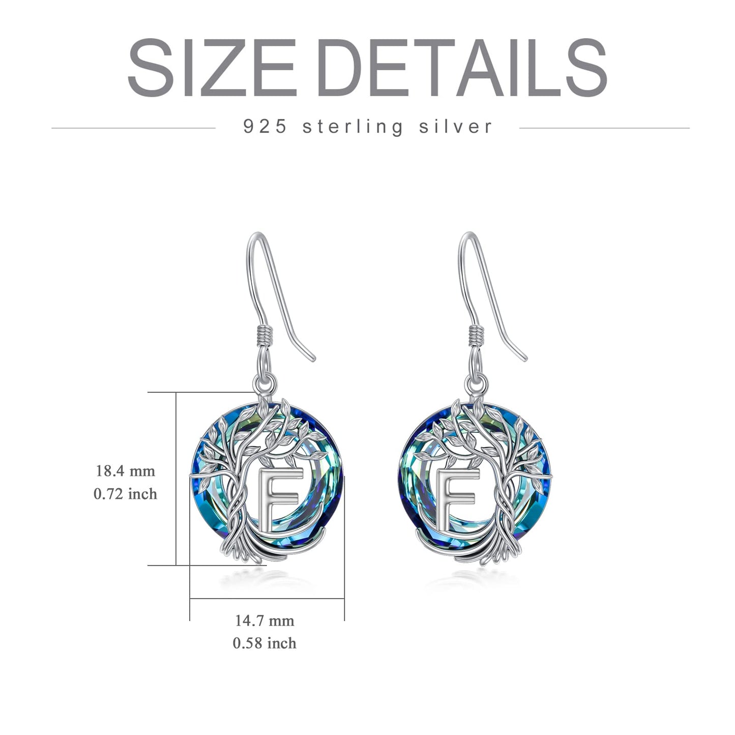 TOUPOP Tree of Life Initial Earrings Sterling Silver Initial F Letter Drop Dangle Earrings Blue Circle Crystal Family Tree Jewelry Birthday Mothers Day Gifts for Women Mom Her