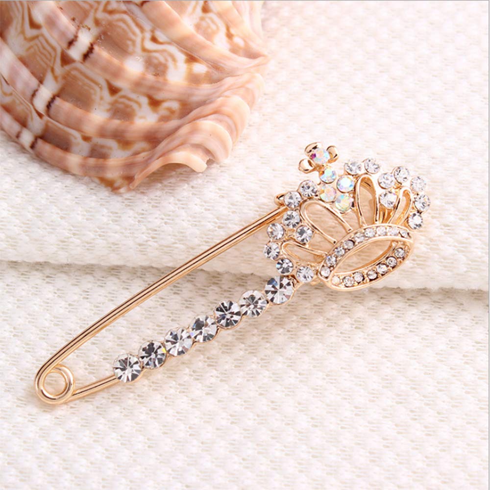 Shiny Crystal Crown Brooch Pin Elegant Rhinestone Royal Princess Safety Brooches Dress Sweater Coat Pins Gold Plated Fashion Jewelry for Women Men (Crown Safety pin)