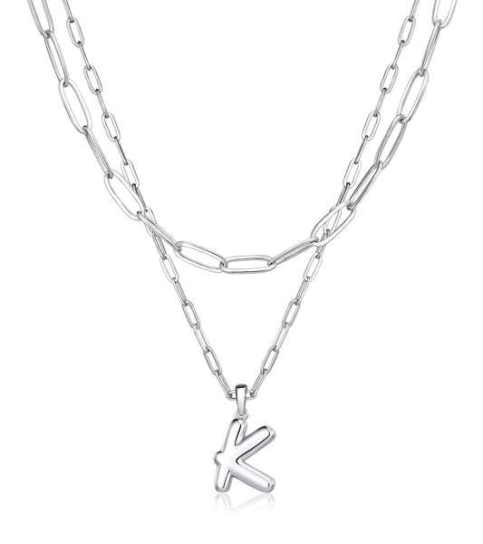 adoyi Silver Initial Necklace for Women 14k Gold Plated Layered Bubble Letter Necklaces Trendy Jewelry Chain Name K Pendant Necklace Stack Birthday Valentines Gifts
