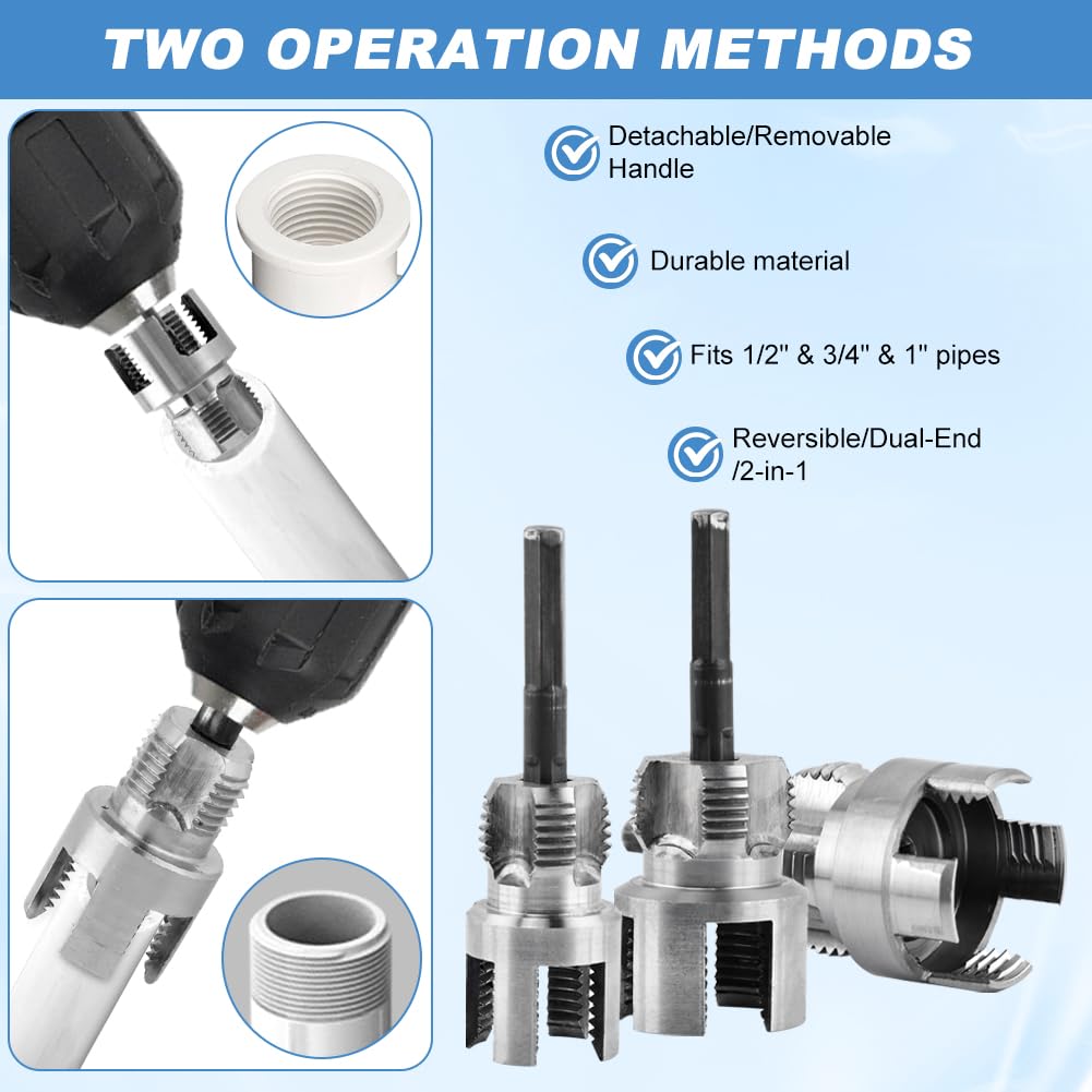 3Pcs Pipe Threading Tool,PVC Pipe Threader Kit,Dual-Function Internal & External Pipes Threading Tool for 1/2",3/4",1" Plastic Pipes,with 2 rolls PTFE Tape & 1 pair Gloves,for Home Repair