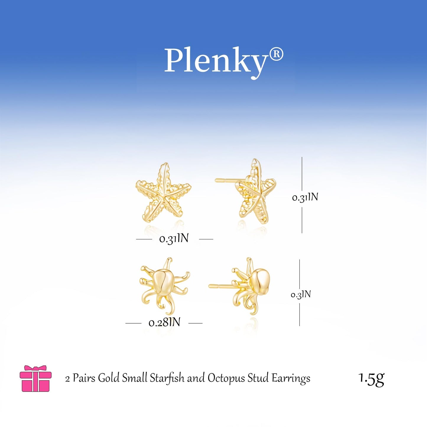 Plenky Gold Earrings for Women - 2 Pairs 14K Gold Plated Small Starfish and Octopus Stud Earrings Set Summer Beachy Jewelry for Women Gifts