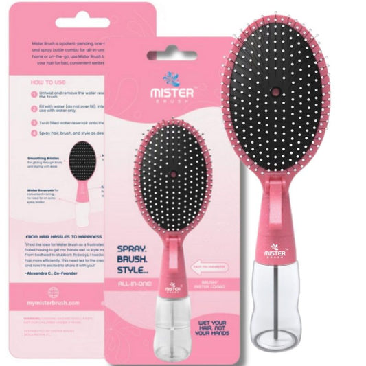 Mister Brush 2-in-1 Hairbrush Mister – Innovative Hair Mist & Brushing Tool for Wet & Dry Hair Styling – No-Tangle Bristles, Convenient Water Reservoir, Easy-to-Use (Pink)