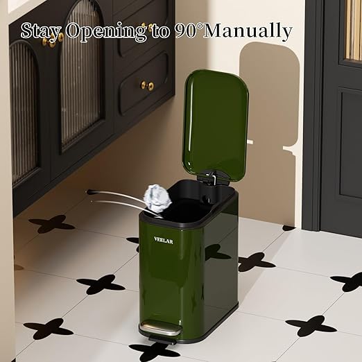 Slim Bathroom Trash Can with Lid, 1.6 Gallon / 6 Liter Stainless Steel Trash Bin, Step Pedal Garbage Cans for Bedroom, Kitchen, Office (Green)