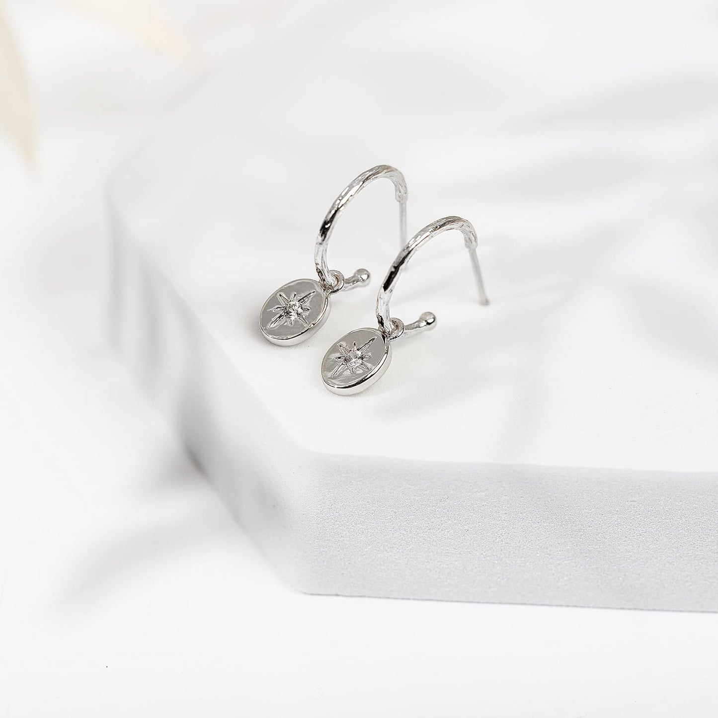 PAVOI Rhodium Plated 925 Sterling Silver Post Celestial Dangle Huggie Hoop Earrings For Women - Trendy Starbusrst Drop Open Hoop Earrings - Cubic Zirconia Small Hinged Hammered Huggies