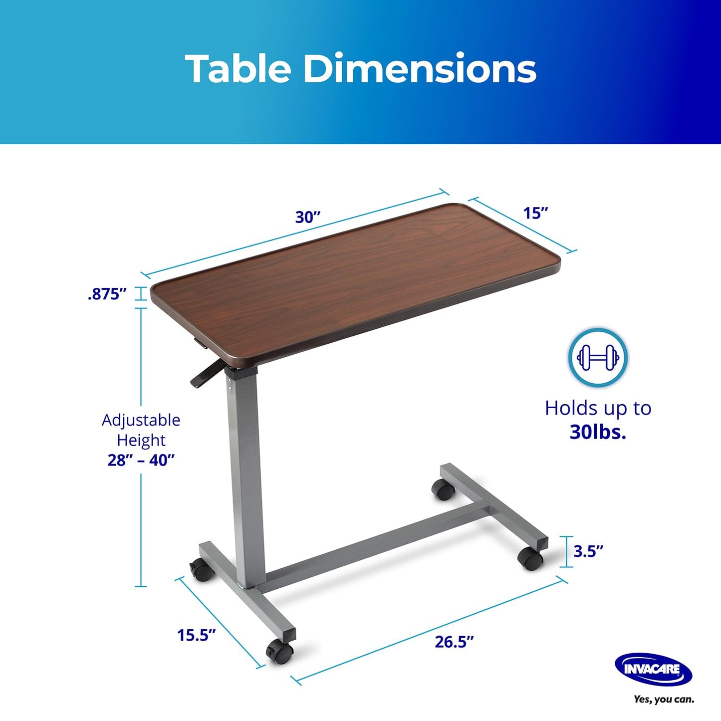 Invacare Bed Table, Height Adjustable & Tilting Overbed Table, Hospital Bedside Table, Medical Rolling Desk with Wheels, Waterproof Medical and Home Use L-Shaped Steel Base Over Bed Tray Table
