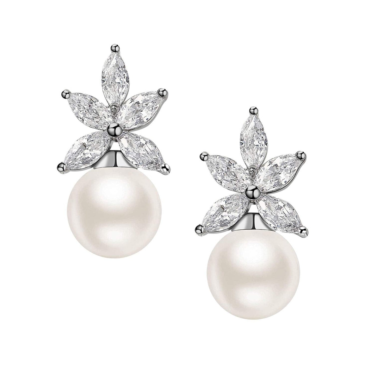 SWEETV Cluster Pearl Wedding Earrings for Birdes Bridesmaid, Crystal CZ Pearl Stud Earrings for Women Prom Formal Dress, Ivory
