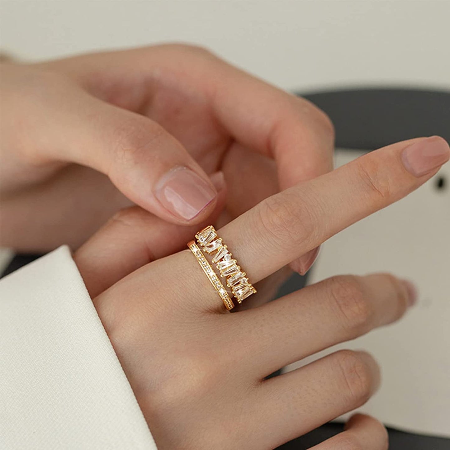 VOPIPO Dainty Double Cubic Zirconia Open Finger Rings for Women 18K Gold Plated Adjustable Trend CZ Rings Personalized Minimalist Stacking Rings Jewelry Gifts