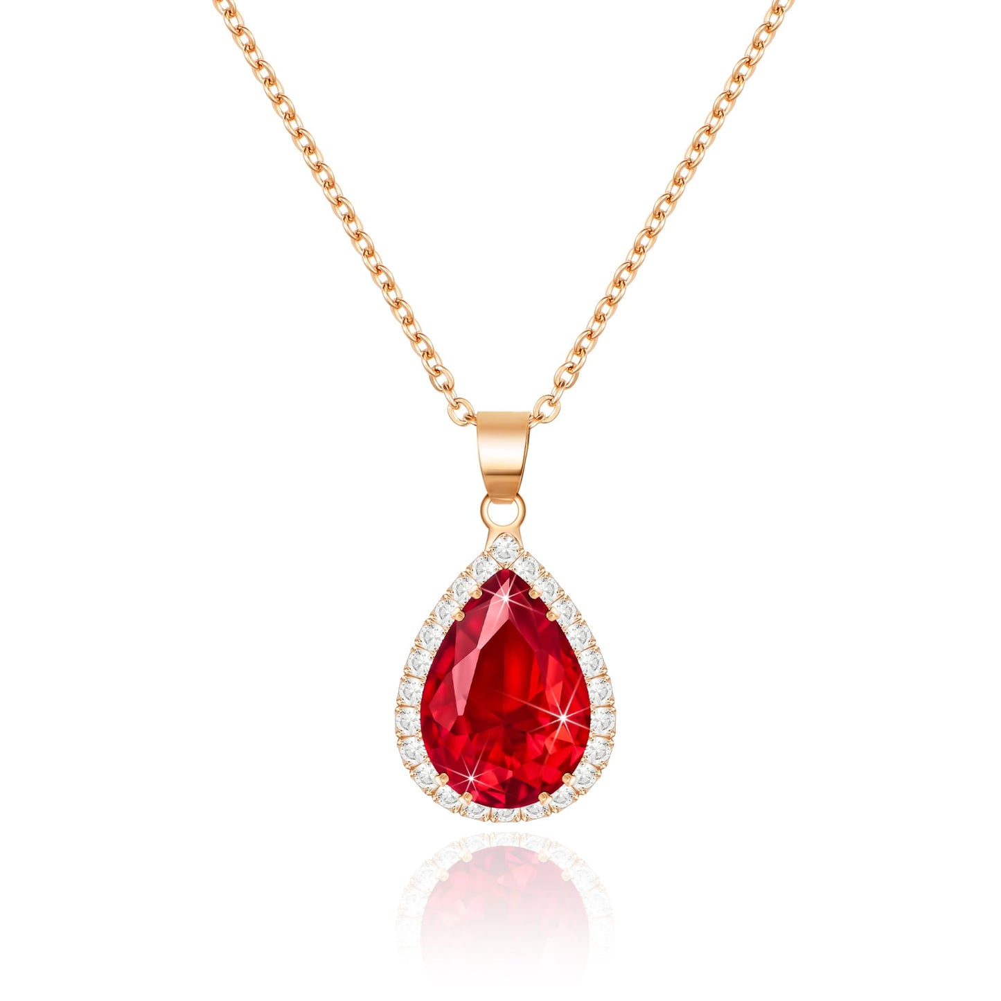 Linawe Red Crystal Ruby Pendant Chain Necklace for Women Rose Gold, Imitation Diamond Boho Necklace, Cubic Zirconia Birthstone Teardrop Rhinestone Preppy Wedding Jewelry