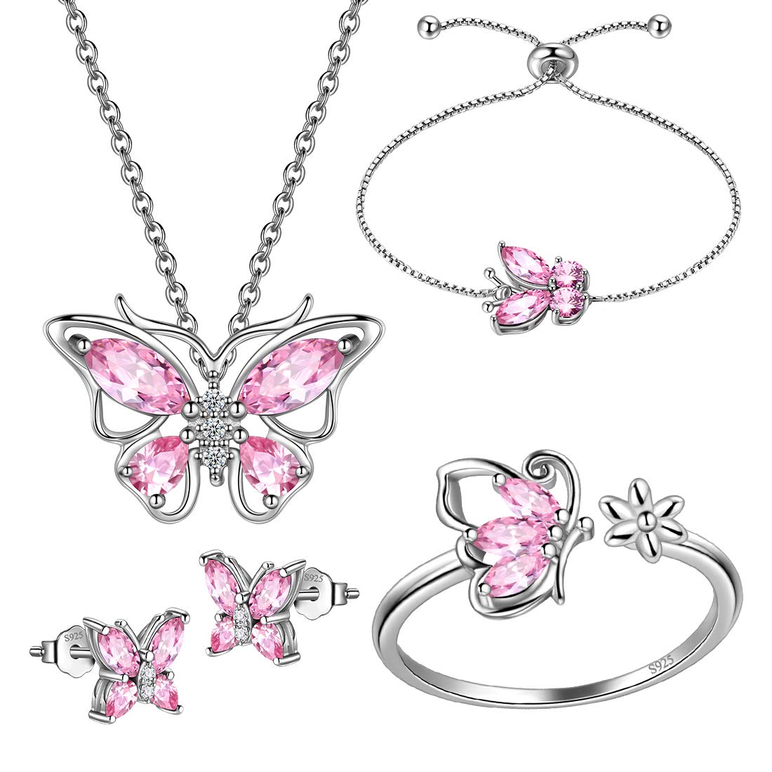 Hipunk Butterfly Pink Jewelry Sets Birthstone Women 925 Sterling Silver October-Tourmaline Birth Stone Animal Butterflies Jewelry Sets/Earring/Ring/Bracelet Set Crystal Birthday Jewelry SS0003O