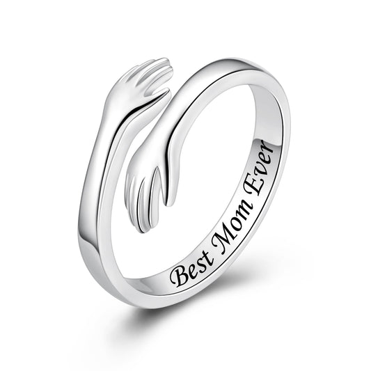ACJFA Hug Rings for Women Sterling Silver Adjustable Ring Thumb Ring Birthday Mother Gifts Jewelry(Best Mom Ever)