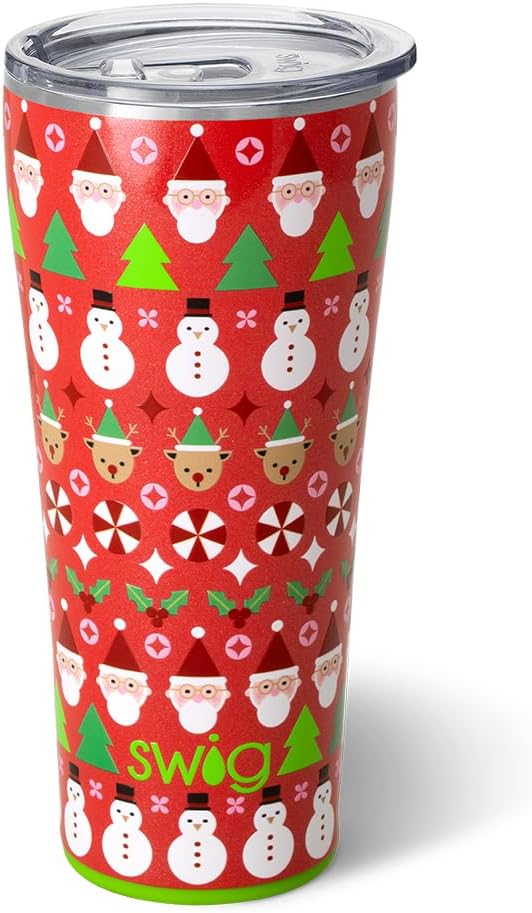 Swig Life 32oz Insulated Tumbler, Travel Coffee Tumbler with Lid, Cup Holder Friendly Travel Coffee Mug, Stainless Steel with Lid (Christmas Crew)