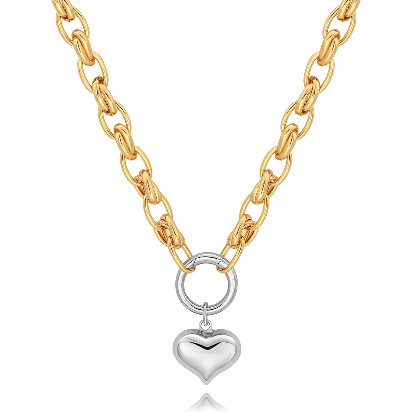CANEVINKA 18K Gold Plated Chunky Two Tone Necklace for Women Gold and Silver Puffy Heart Necklaces Vintage Statement Jewelry