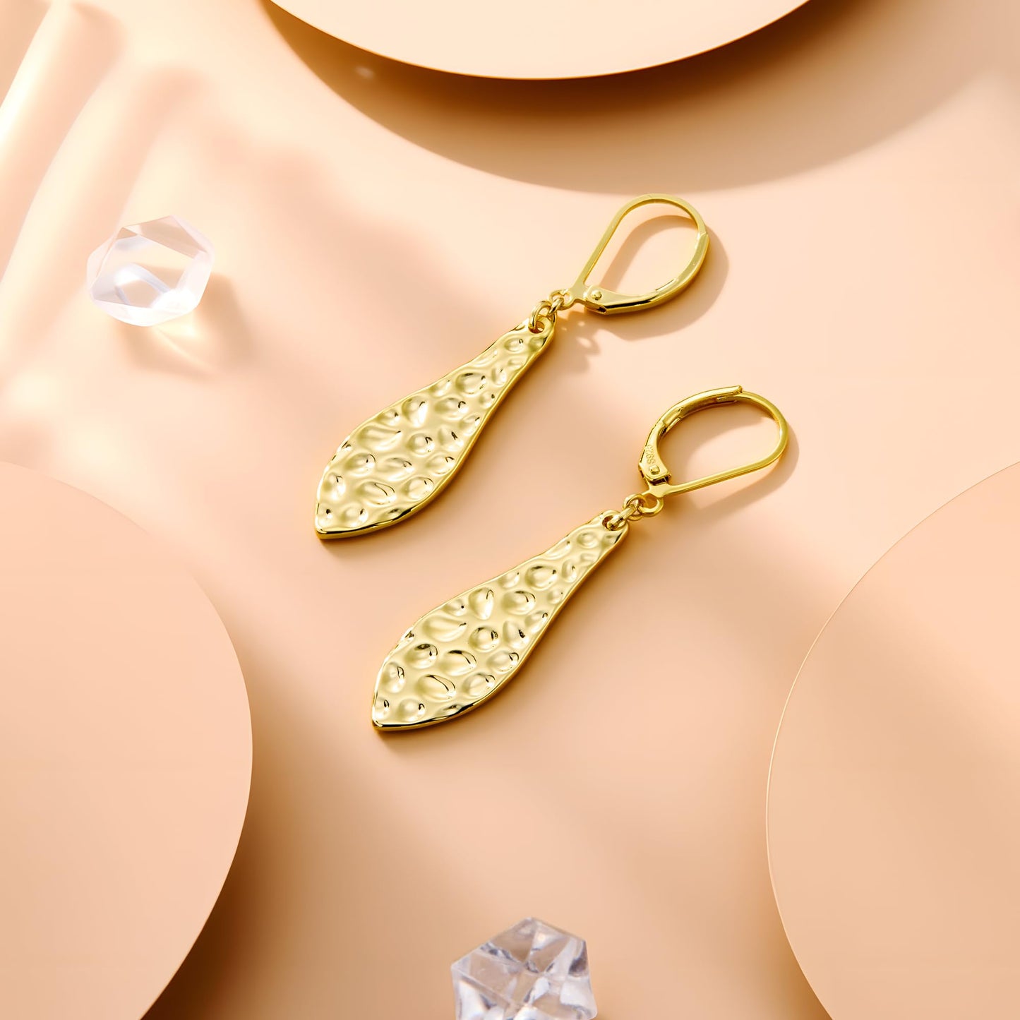 Gold Teardrop Dangle Earrings for Women Trendy Lightweight Hypoallergenic 925 Sterling Silver 14K Goldplated Hammered Dangling Drop Earring Gold Long Teardrop Leverback Earrings for Women Jewelry