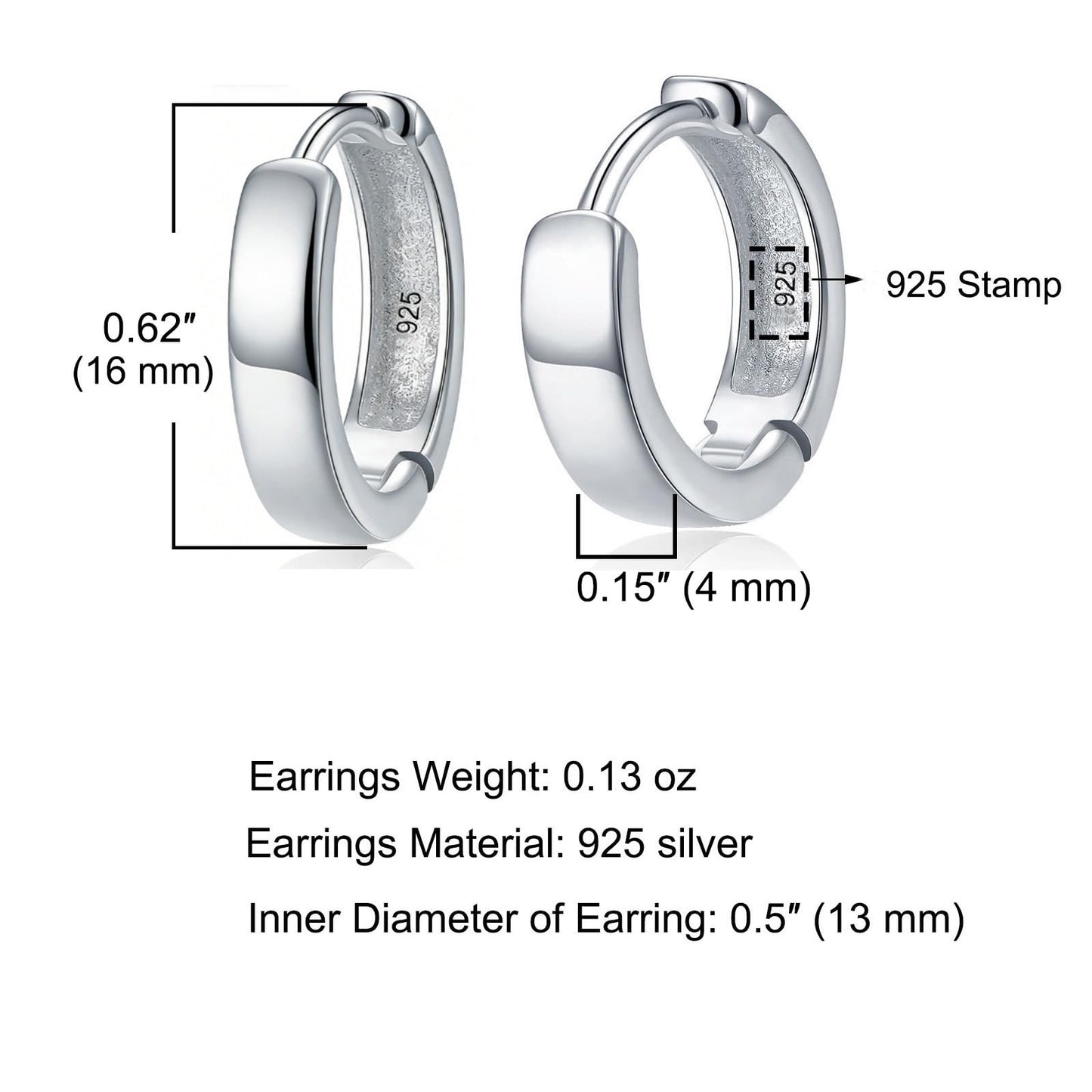 Italian Sterling Silver Earrings for Men Hoop Huggie Earring Polished, Jewelry for Alentine's Day, Father's Day, Thanksgiving Gifts, Birthday Presents (Large shiny hoop)