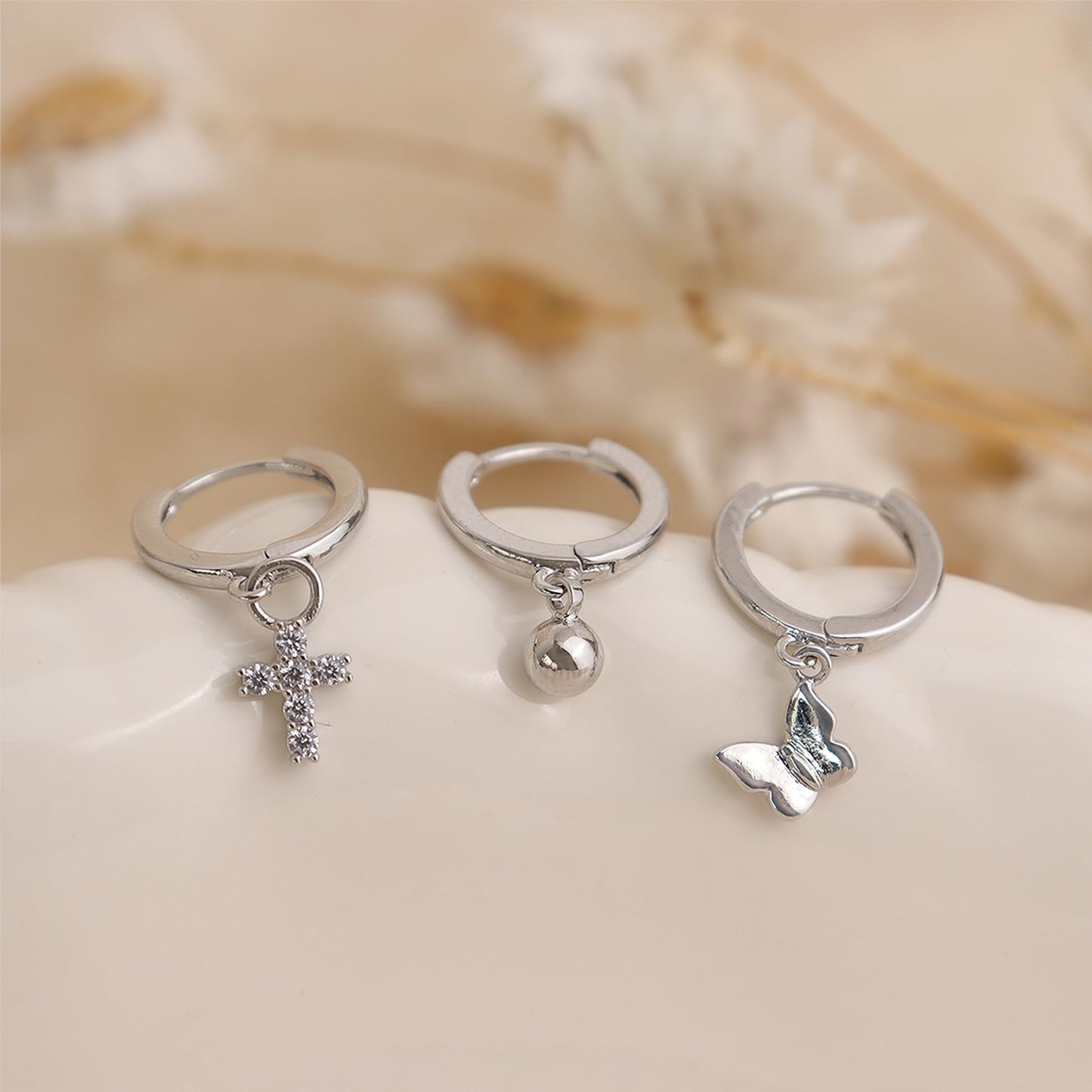 Frigotine 3PCS Silver Ball Cross Butterfly Dangle Small Hoop Earrings Stack Set for Woman, Dainty Rhinestone CZ Drop Multiple Piercing Cartilage Huggie Earing Wedding Prom Fashion Jewelry Gifts