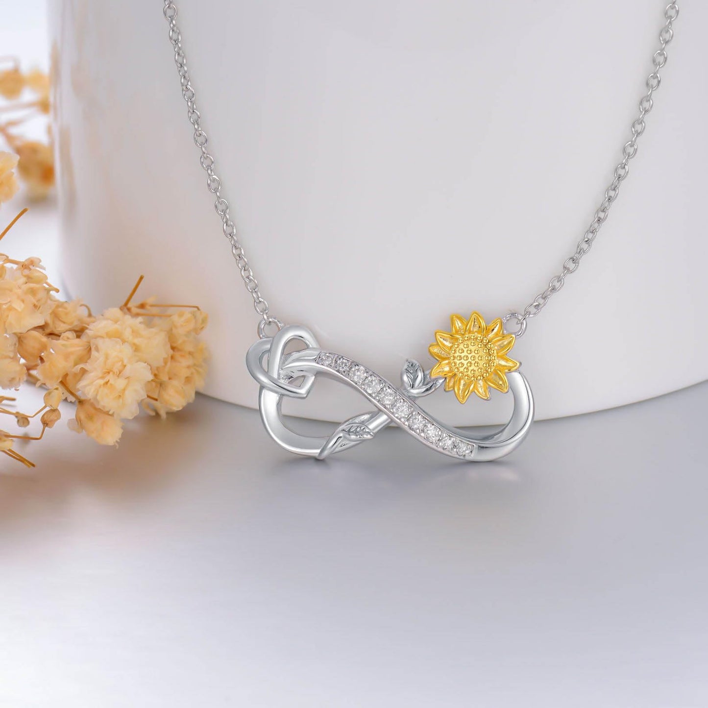 ZBA Natural Diamond Sunflower Necklace Sterling Silver Infinity Jewelry for Women Valentines Mothers Day Gifts for Mom Mother Her Wife Girlfriend Anniversary